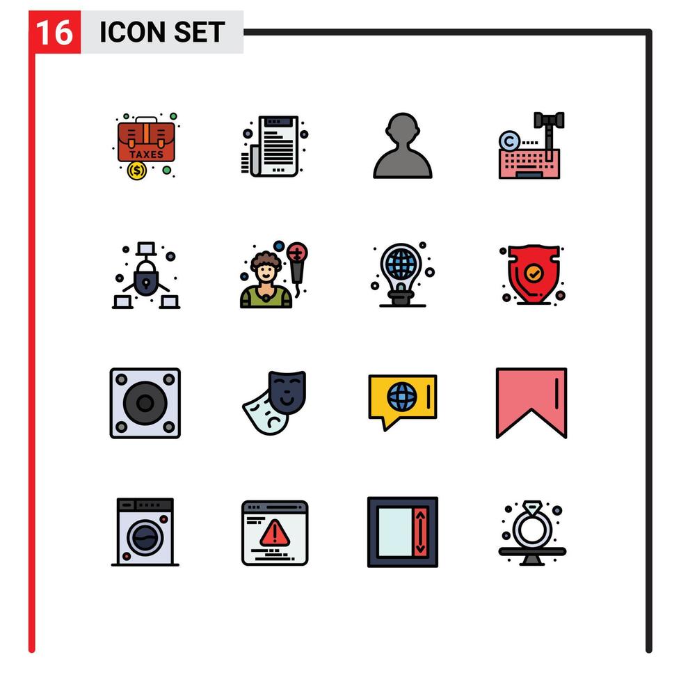 paquete de 16 líneas llenas de colores planos modernos, signos y símbolos para medios de impresión web, como la carta de la ley de comunicación, derechos de autor en Internet, elementos de diseño de vectores creativos editables