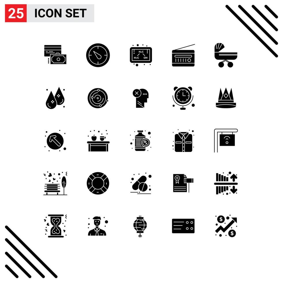 Group of 25 Solid Glyphs Signs and Symbols for baby vintage radio ethanol radio receiver fm radio Editable Vector Design Elements