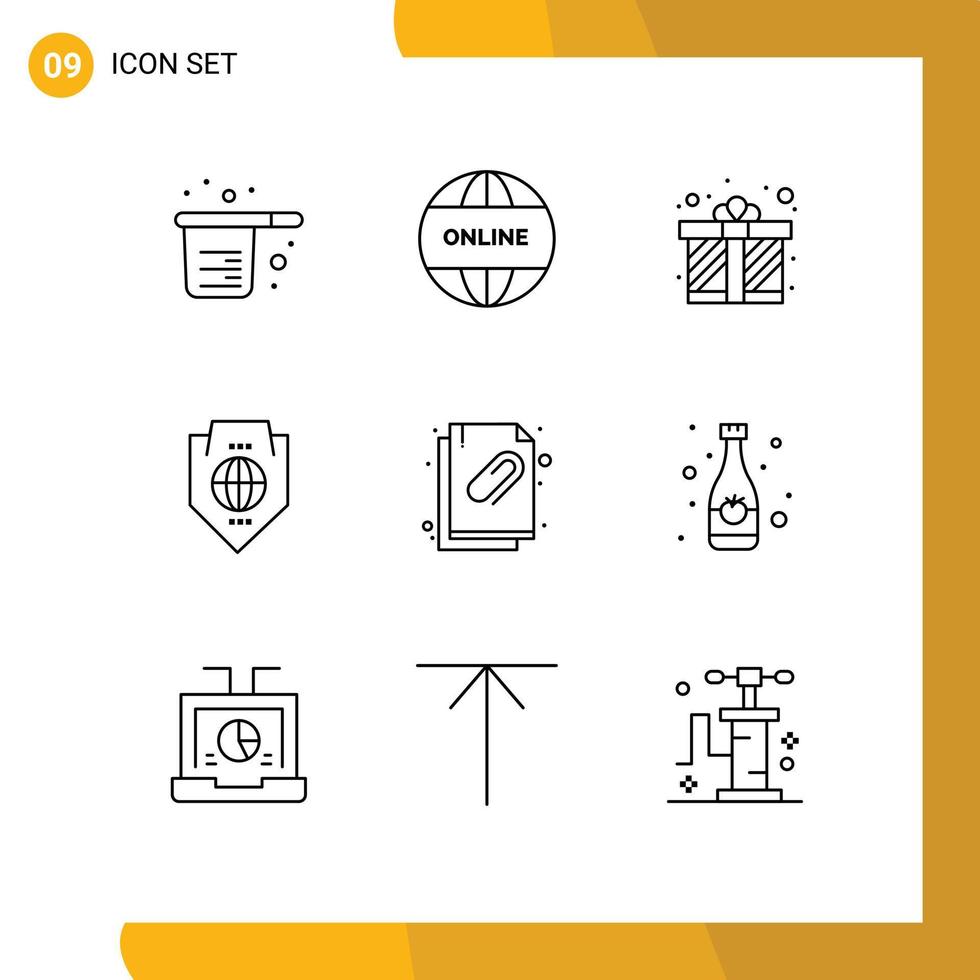 Mobile Interface Outline Set of 9 Pictograms of shield protection world world love Editable Vector Design Elements