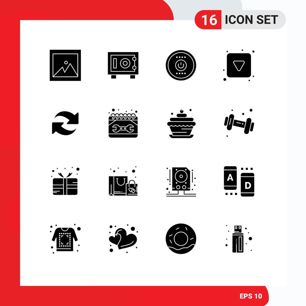Pack of 16 creative Solid Glyphs of repeat reload energy refresh down Editable Vector Design Elements