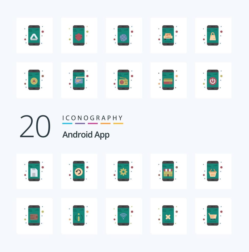 20 Android App Flat Color icon Pack like shopping commerce phone buy setting vector