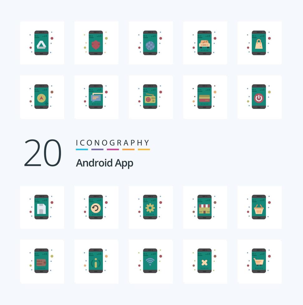 20 Android App Flat Color icon Pack like shopping commerce phone buy setting vector