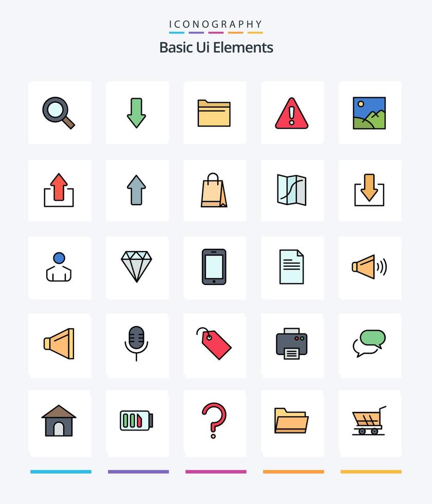 Creative Basic Ui Elements 25 Line FIlled icon pack  Such As gallery. sign. folder. warning. alert vector