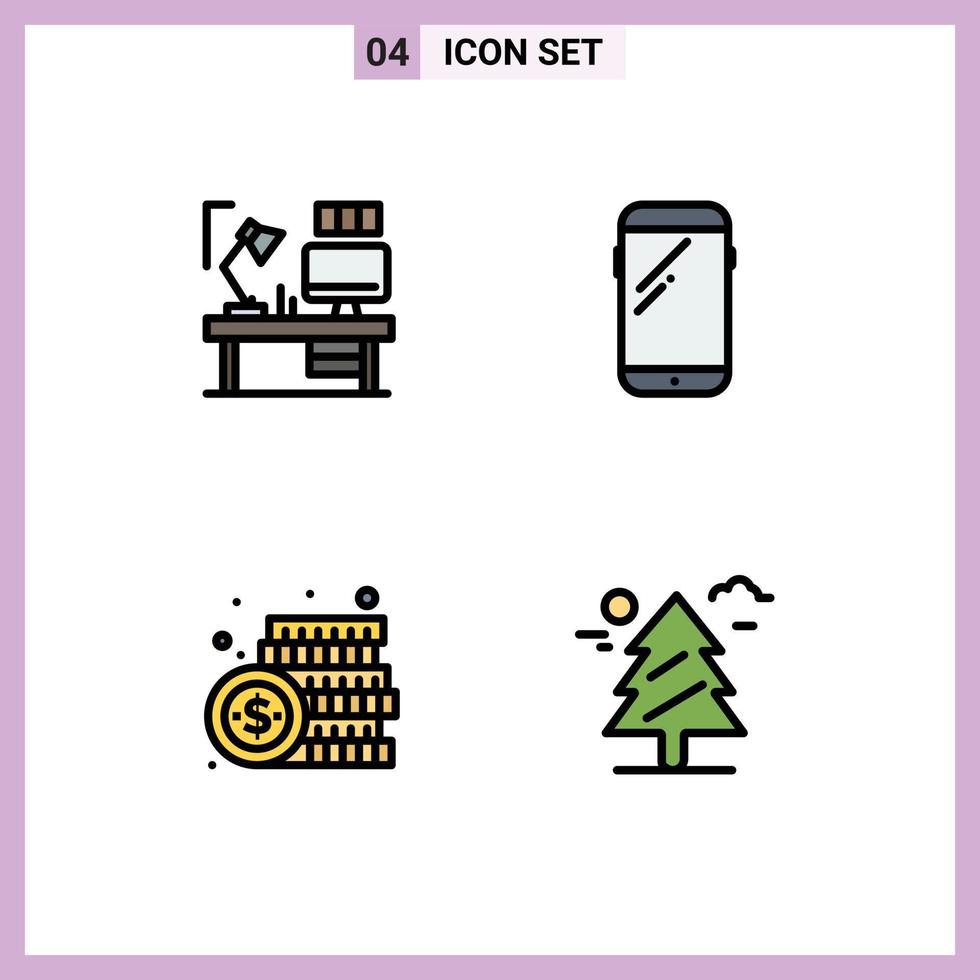 Modern Set of 4 Filledline Flat Colors Pictograph of table samsung computer smart phone currency Editable Vector Design Elements