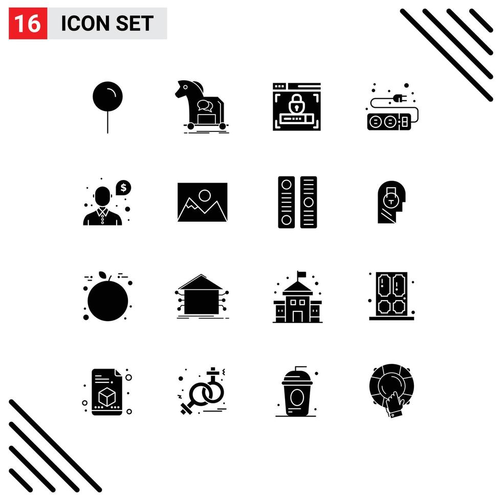 16 Thematic Vector Solid Glyphs and Editable Symbols of money cable virus socket electric Editable Vector Design Elements