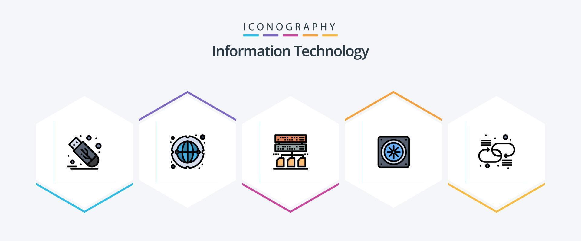 Information Technology 25 FilledLine icon pack including network. connection. backup. chain. cooling vector