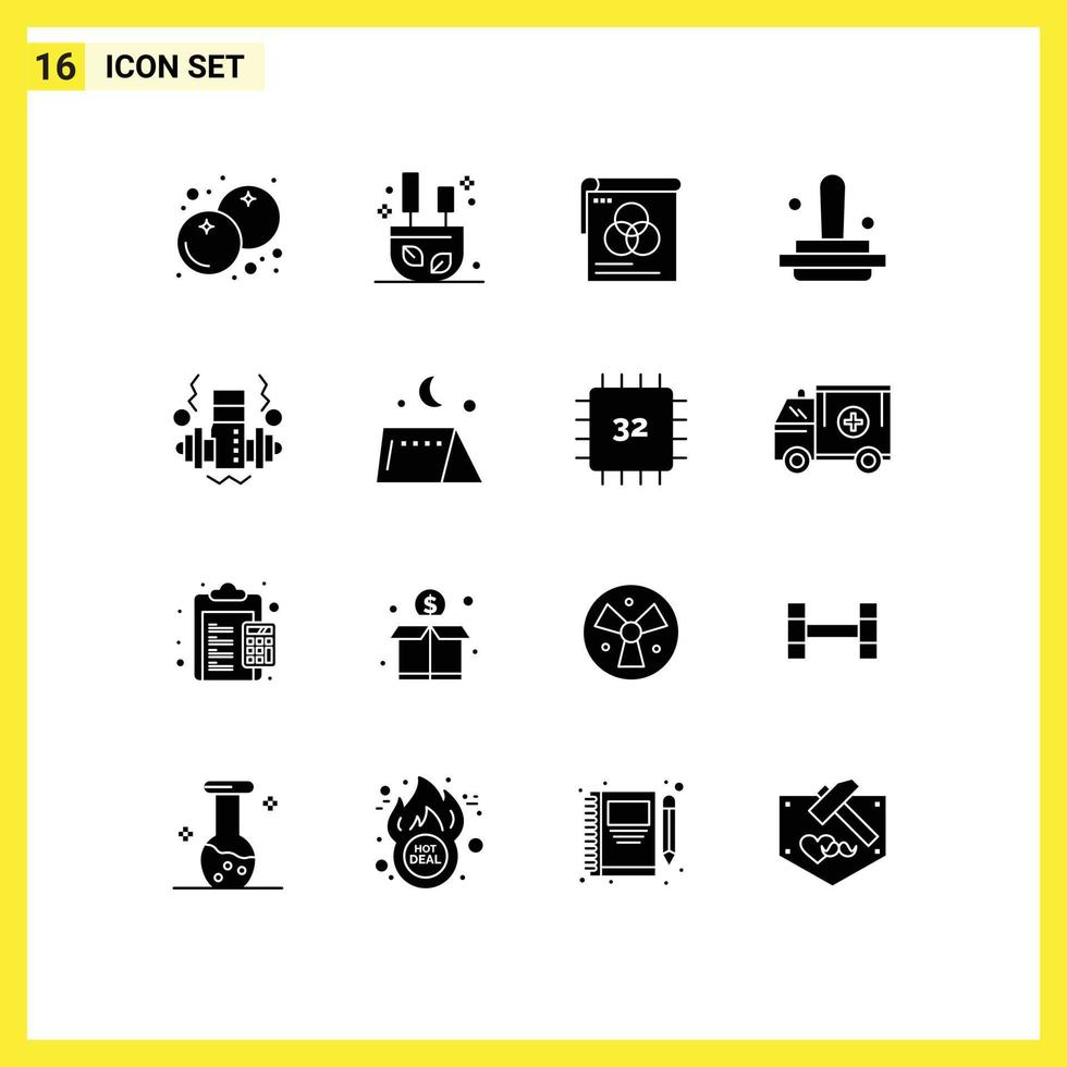 Group of 16 Solid Glyphs Signs and Symbols for gym stamp brusher marketing business Editable Vector Design Elements