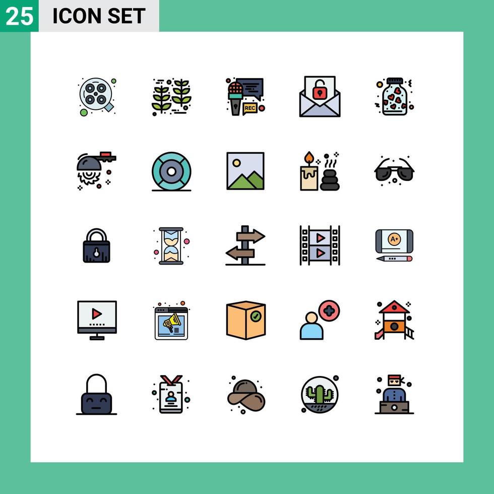 Modern Set of 25 Filled line Flat Colors Pictograph of jar unlock mic envelope communication Editable Vector Design Elements