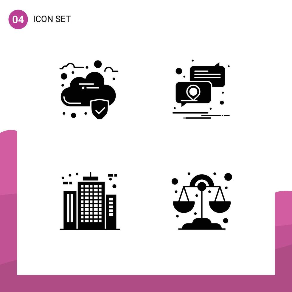 Pack of 4 creative Solid Glyphs of cloud building location placeholder construction Editable Vector Design Elements