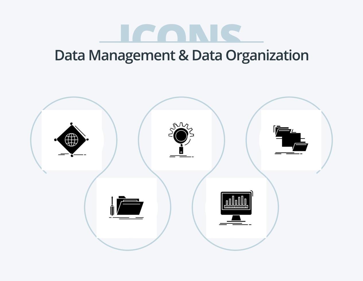 Data Management And Data Organization Glyph Icon Pack 5 Icon Design. optimization. seo. data. global. things vector
