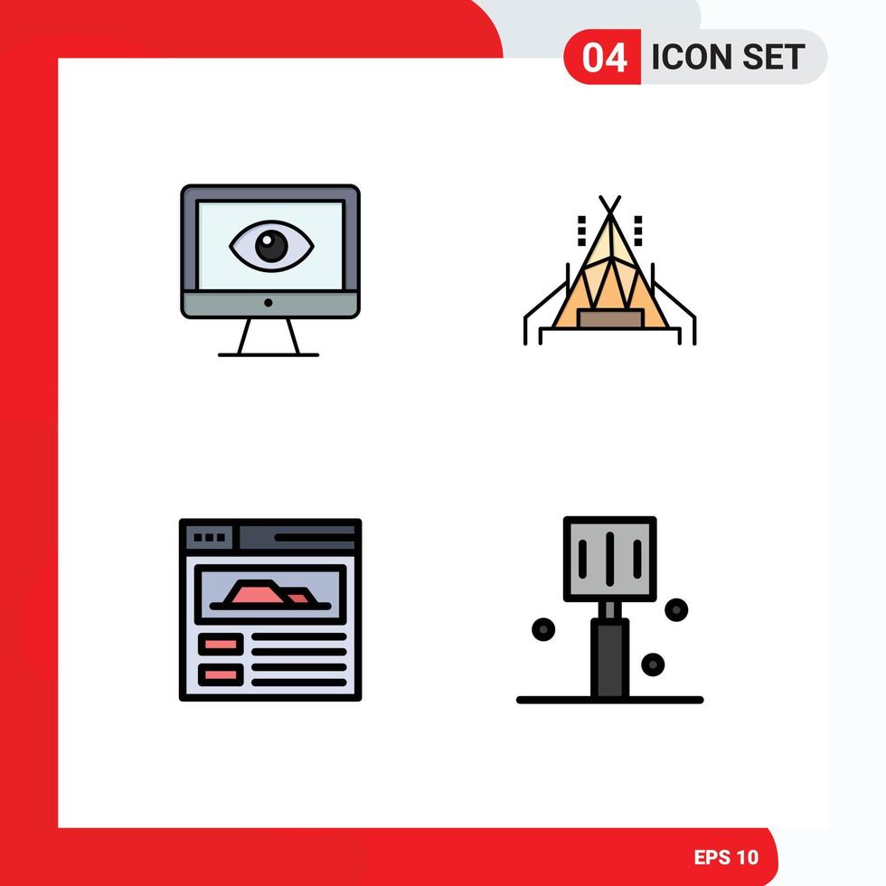 Pictogram Set of 4 Simple Filledline Flat Colors of monitor site surveillance camp drink Editable Vector Design Elements