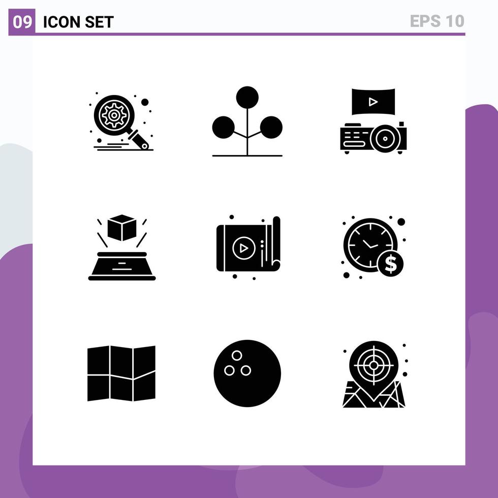 Set of 9 Vector Solid Glyphs on Grid for device tablet projector app imagination Editable Vector Design Elements