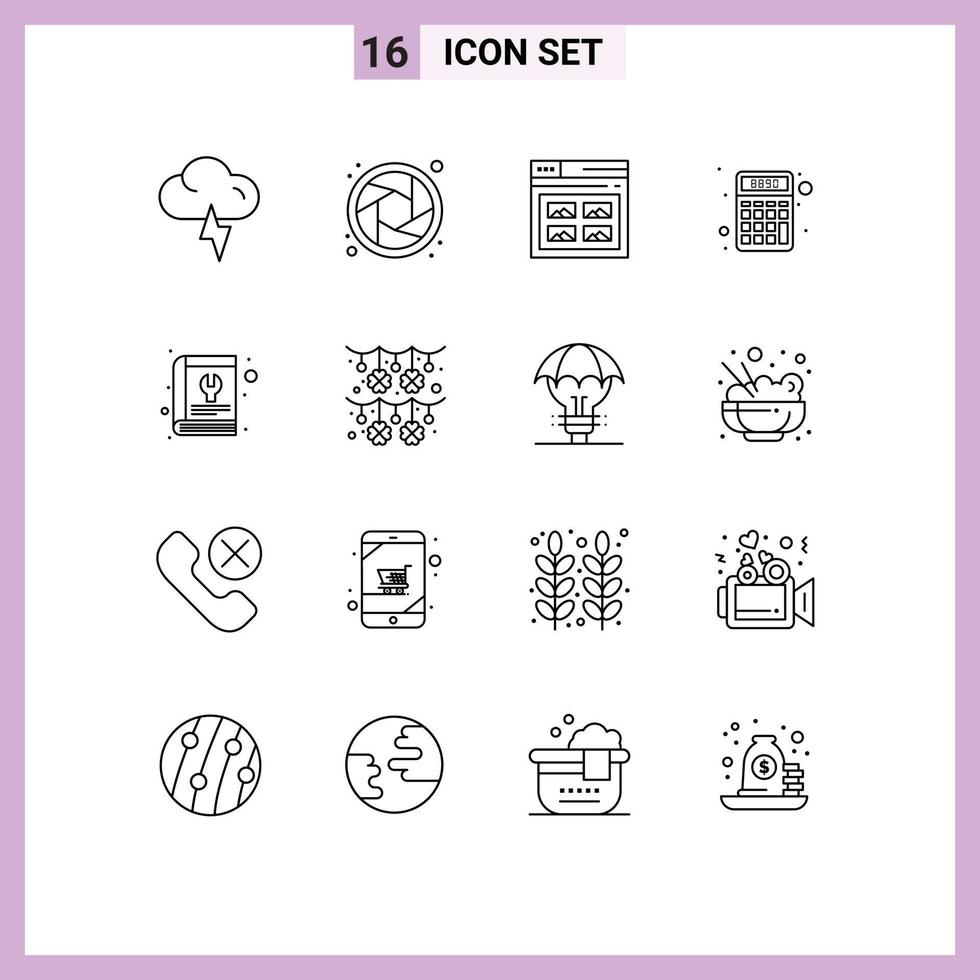 Pack of 16 Modern Outlines Signs and Symbols for Web Print Media such as repair book web money finance Editable Vector Design Elements