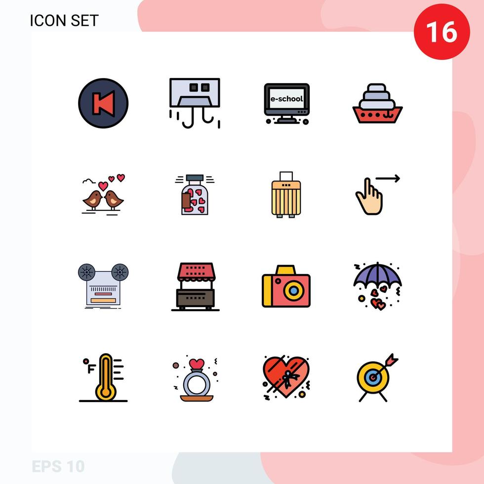 16 Thematic Vector Flat Color Filled Lines and Editable Symbols of love vessel e liner online Editable Creative Vector Design Elements