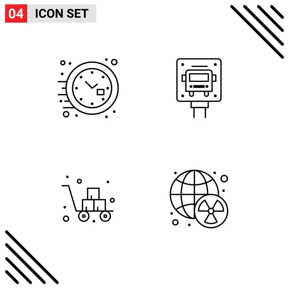 paquete de 4 signos y símbolos de colores planos de línea de llenado modernos para medios de impresión web, como elementos de diseño de vectores editables frágiles de reloj de carro de reloj