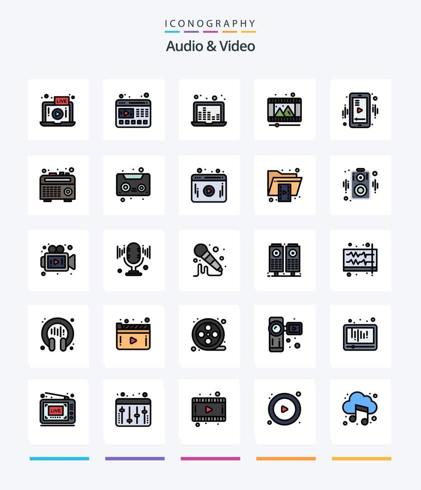 paquete de iconos rellenos de 25 líneas de audio y video creativo, como móvil. carrete. ordenador portátil. video. tocar vector