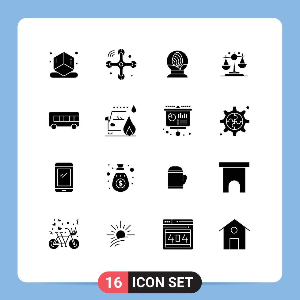 paquete de 16 signos y símbolos de glifos sólidos modernos para medios de impresión web, como elementos de diseño de vectores editables de la ley financiera del globo del autobús del vehículo