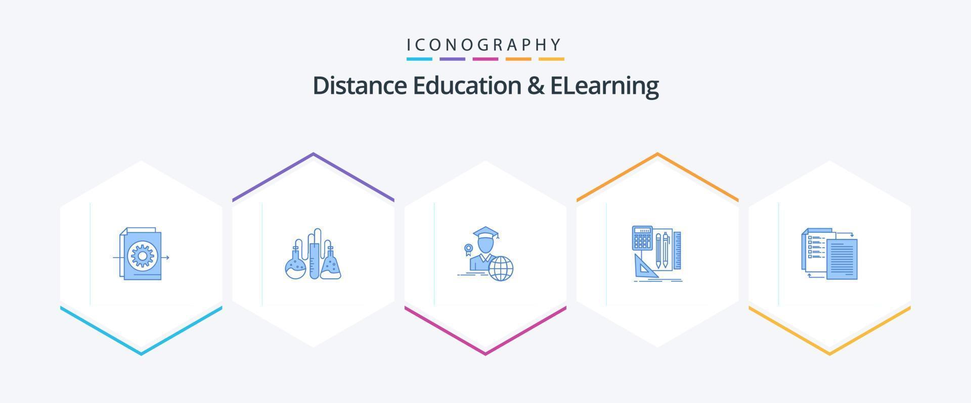 educación a distancia y e-learning 25 paquete de iconos azules que incluye compartir. lápiz. graduación. calculadora. estacionario vector