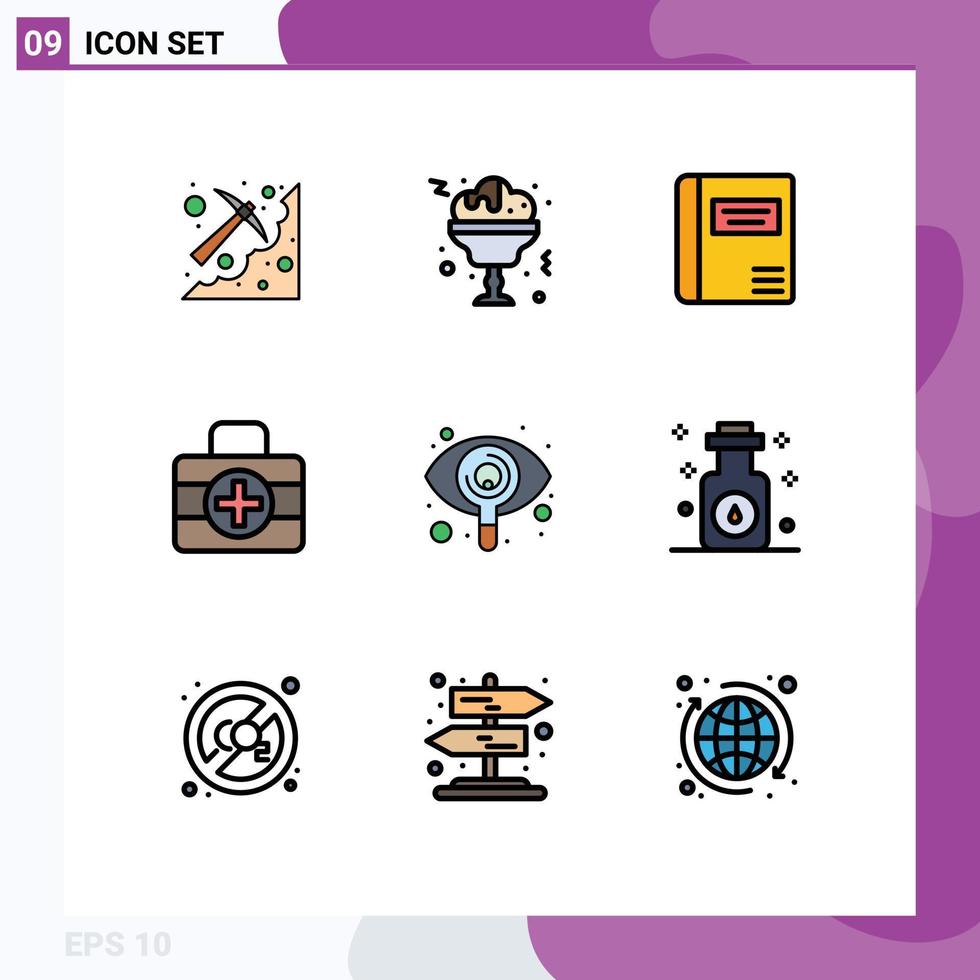 9 Thematic Vector Filledline Flat Colors and Editable Symbols of seen eye book ic medical kit Editable Vector Design Elements