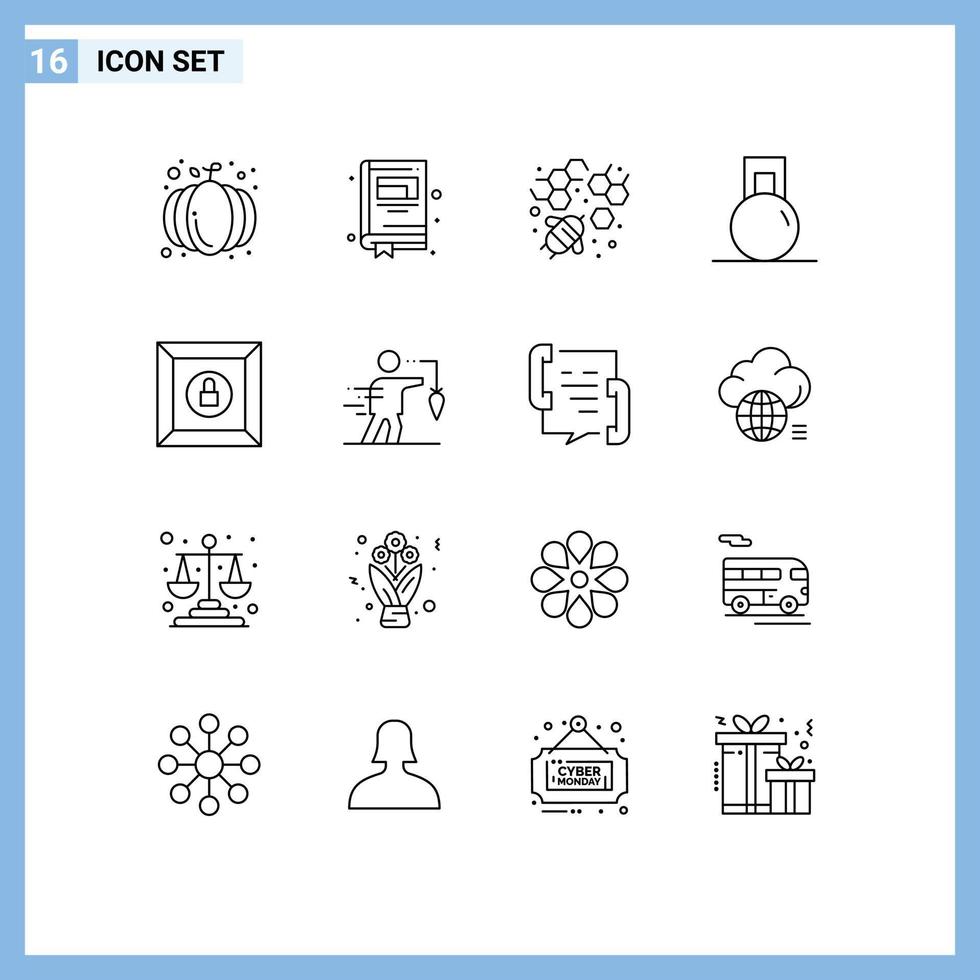 Pack of 16 Modern Outlines Signs and Symbols for Web Print Media such as aspiration lock honey box sport Editable Vector Design Elements