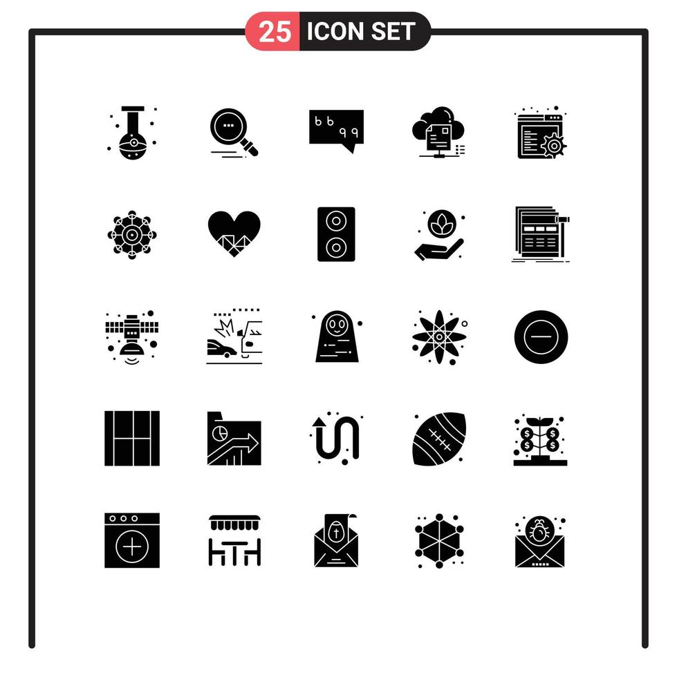 User Interface Pack of 25 Basic Solid Glyphs of gear document bubble cloud sharing Editable Vector Design Elements