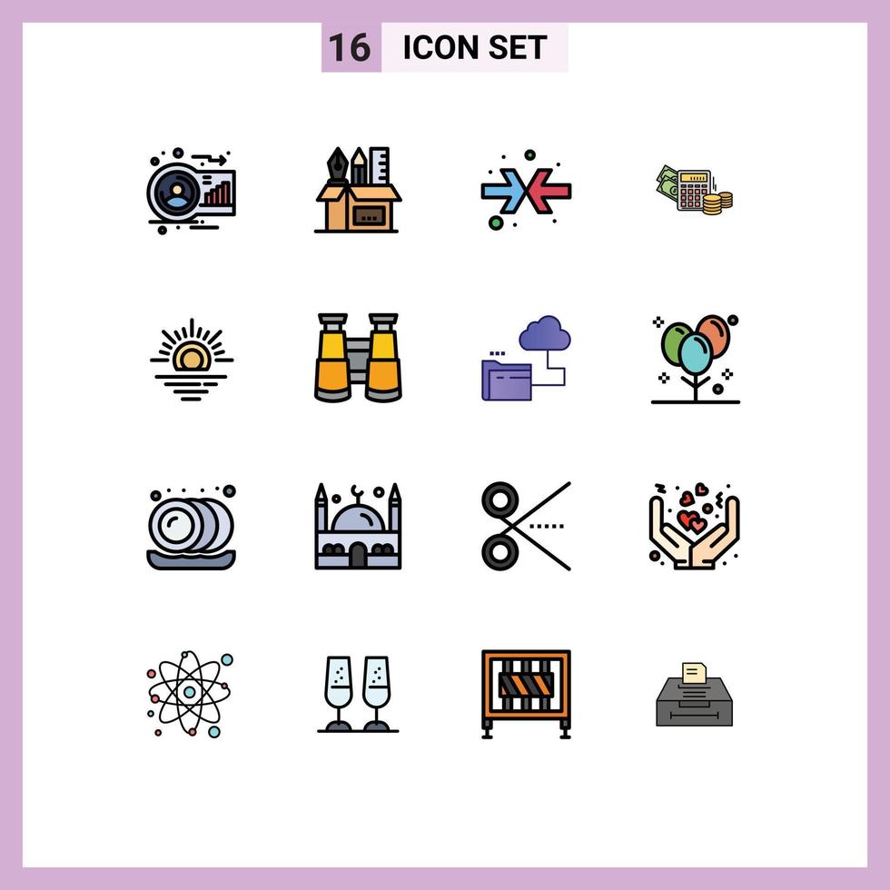 Universal Icon Symbols Group of 16 Modern Flat Color Filled Lines of sun calculator scale dollar shrink Editable Creative Vector Design Elements