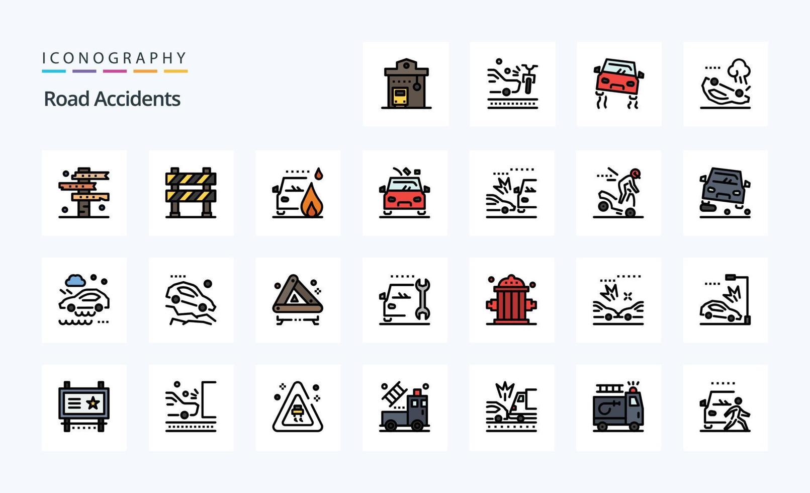 paquete de iconos de estilo lleno de línea de 25 accidentes de tráfico vector
