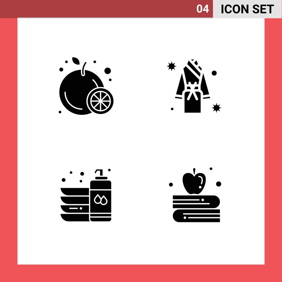 Group of 4 Solid Glyphs Signs and Symbols for food clean bath shower liquid Editable Vector Design Elements
