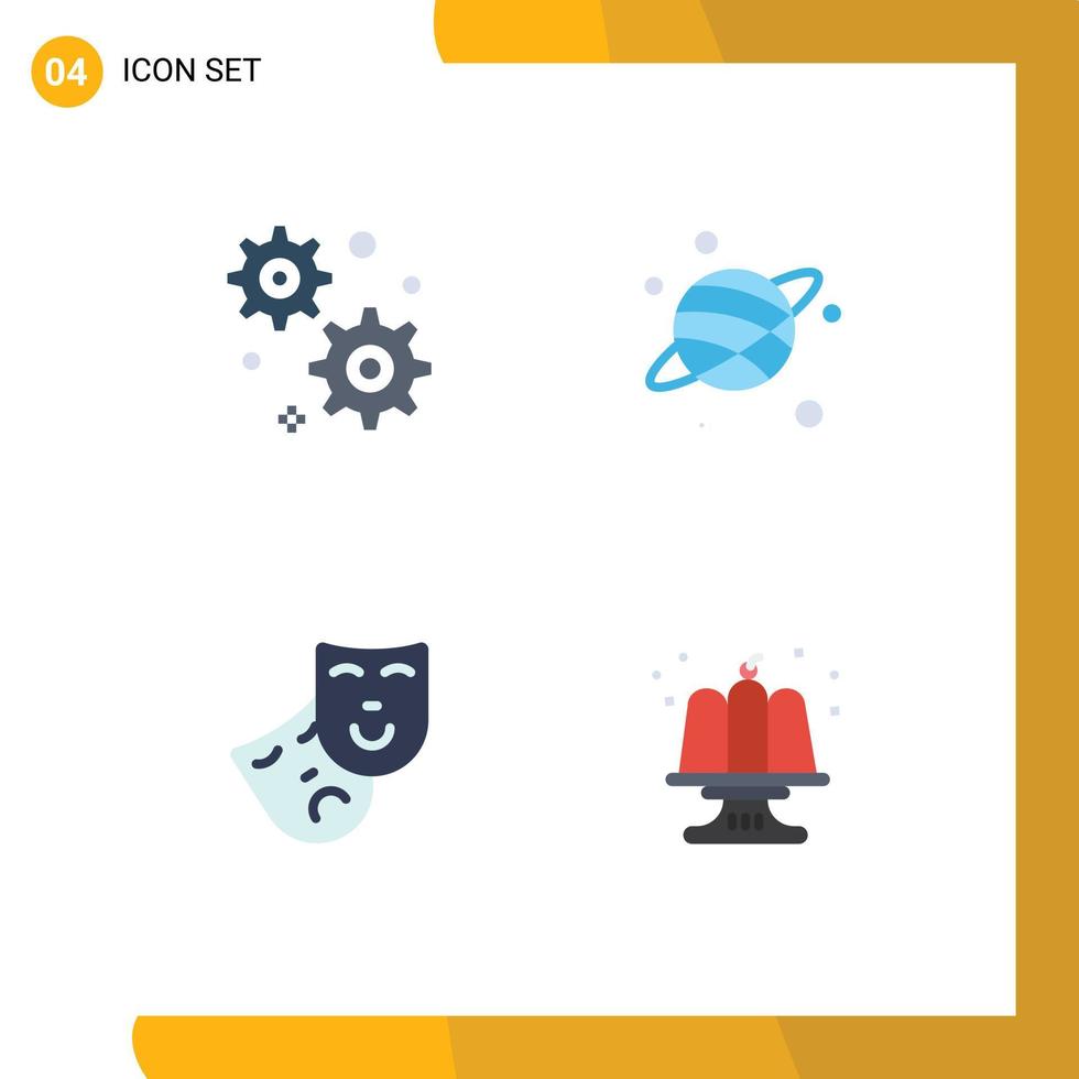 Editable Vector Line Pack of 4 Simple Flat Icons of gear setting cake planet role party Editable Vector Design Elements