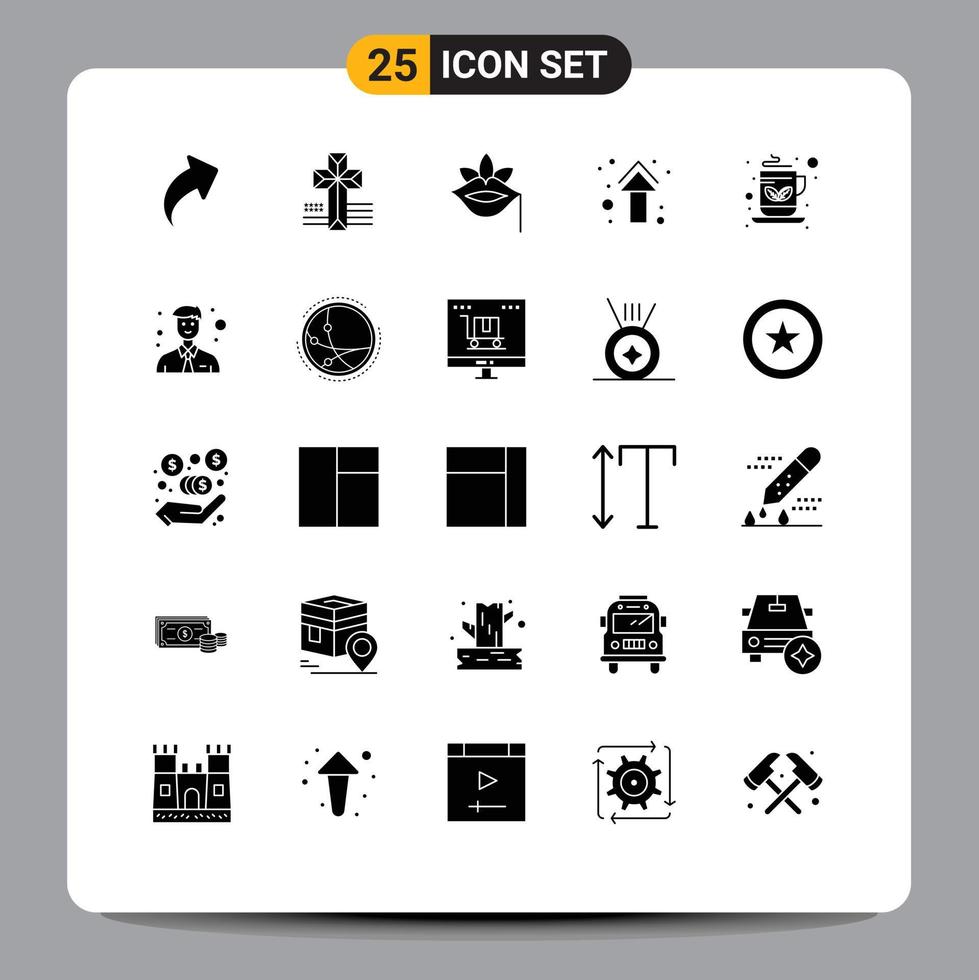 Mobile Interface Solid Glyph Set of 25 Pictograms of coffee straight plant direction arrows Editable Vector Design Elements