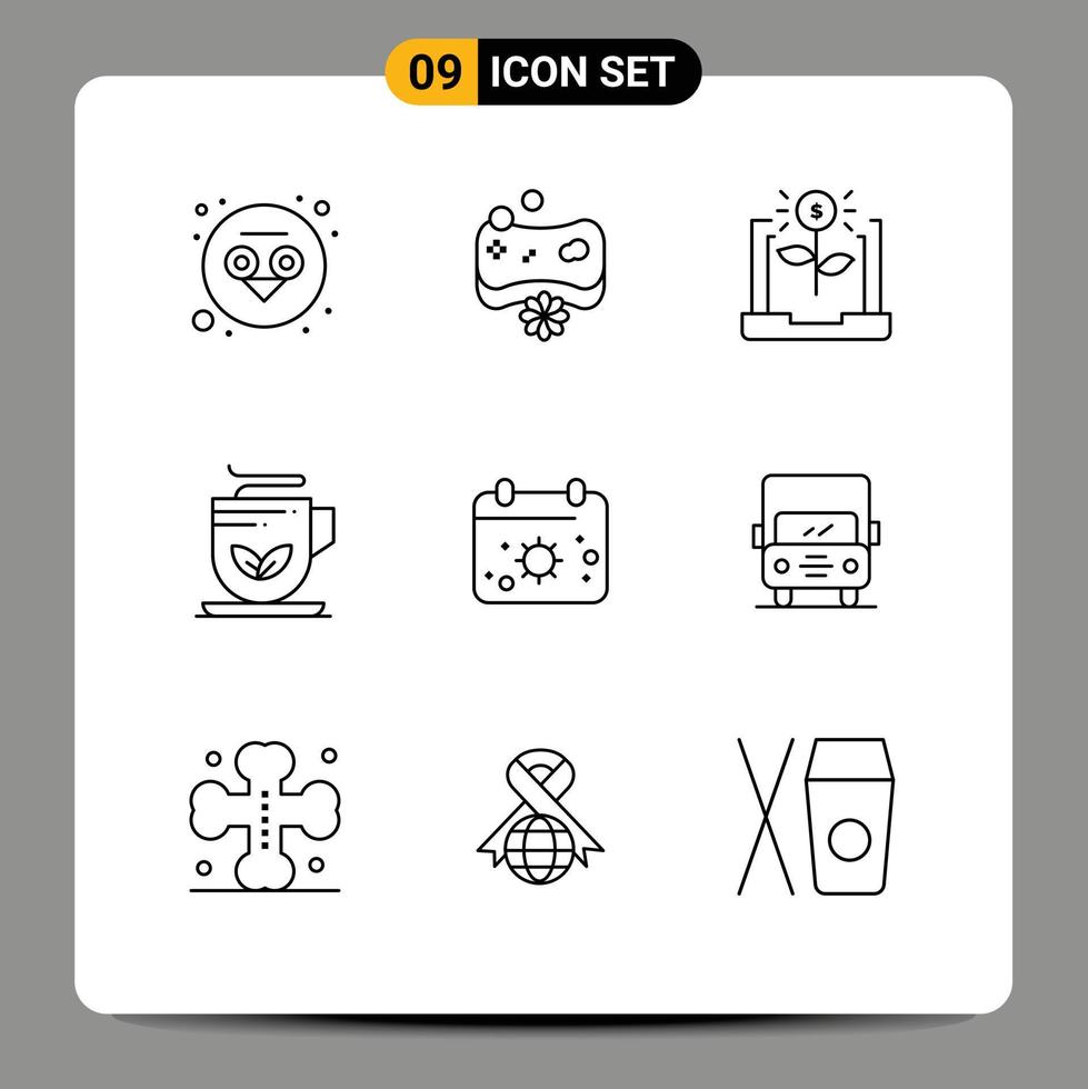 9 Universal Outline Signs Symbols of calender wellness business tea cup Editable Vector Design Elements