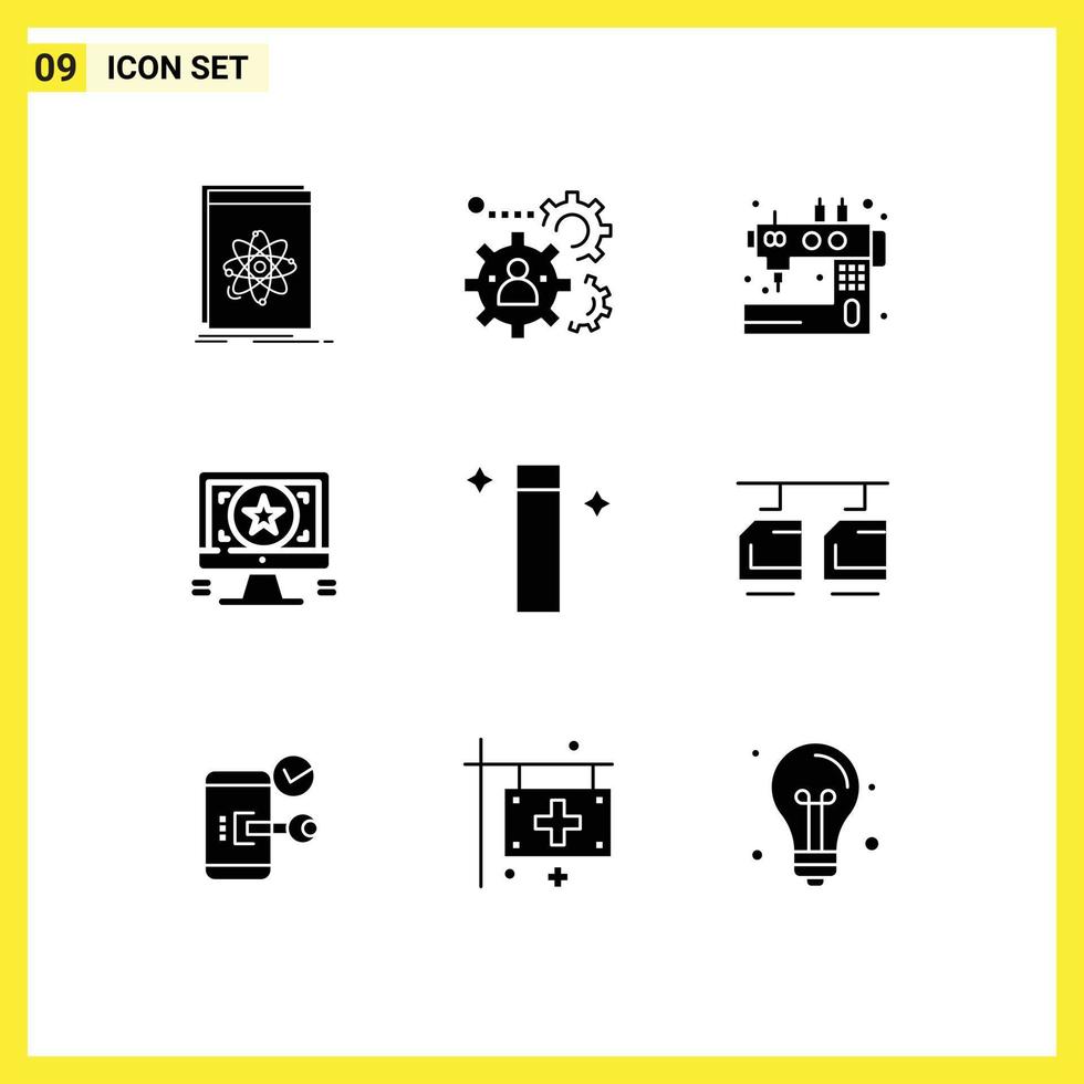 conjunto moderno de 9 glifos y símbolos sólidos, como la confección del equipo de aplicaciones gráficas, elementos de diseño de vectores editables cosidos