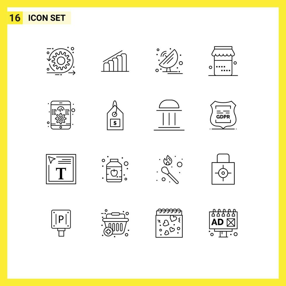 Pack of 16 Modern Outlines Signs and Symbols for Web Print Media such as app food analysis jam satellite dish Editable Vector Design Elements