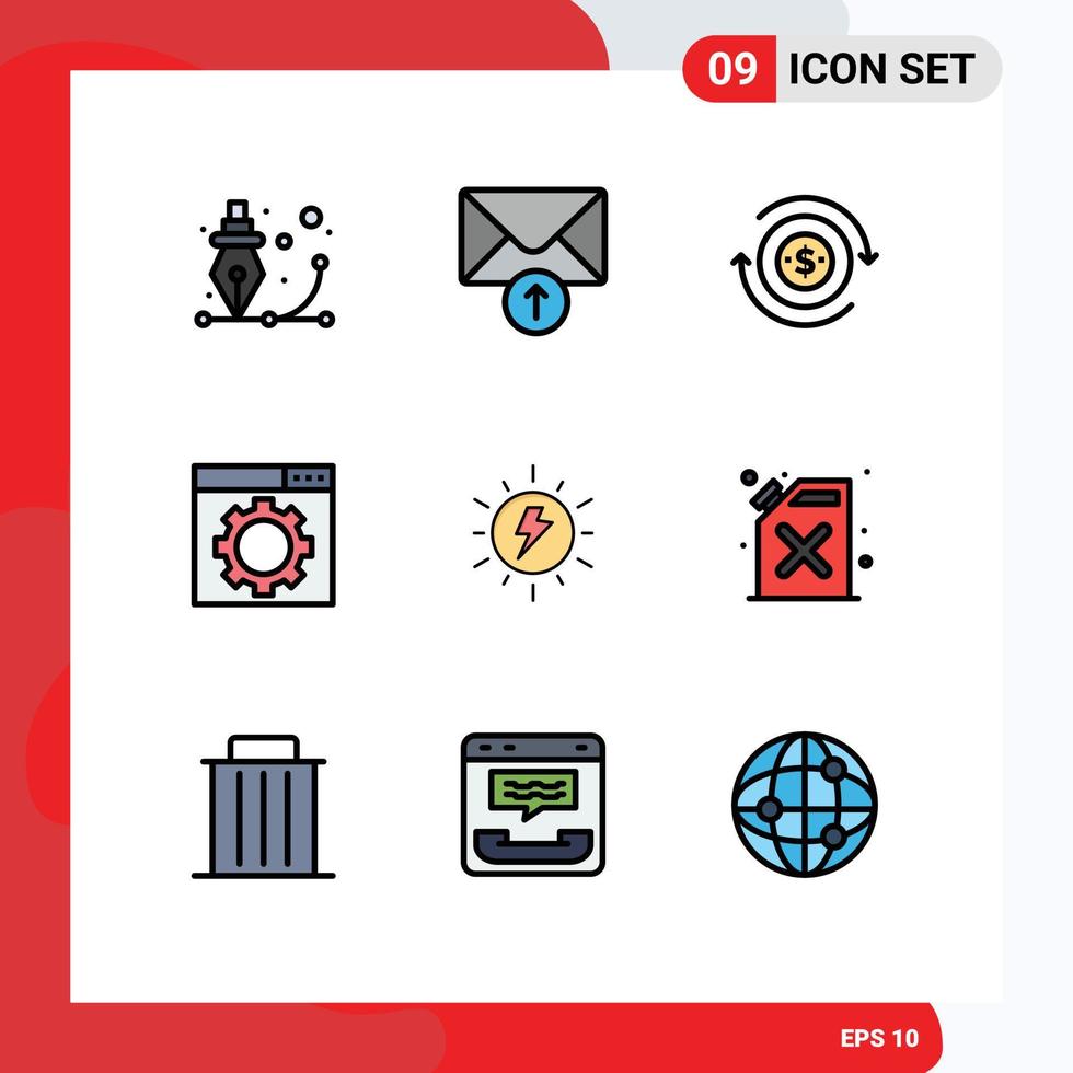 Mobile Interface Filledline Flat Color Set of 9 Pictograms of sun energy cash website optimization Editable Vector Design Elements