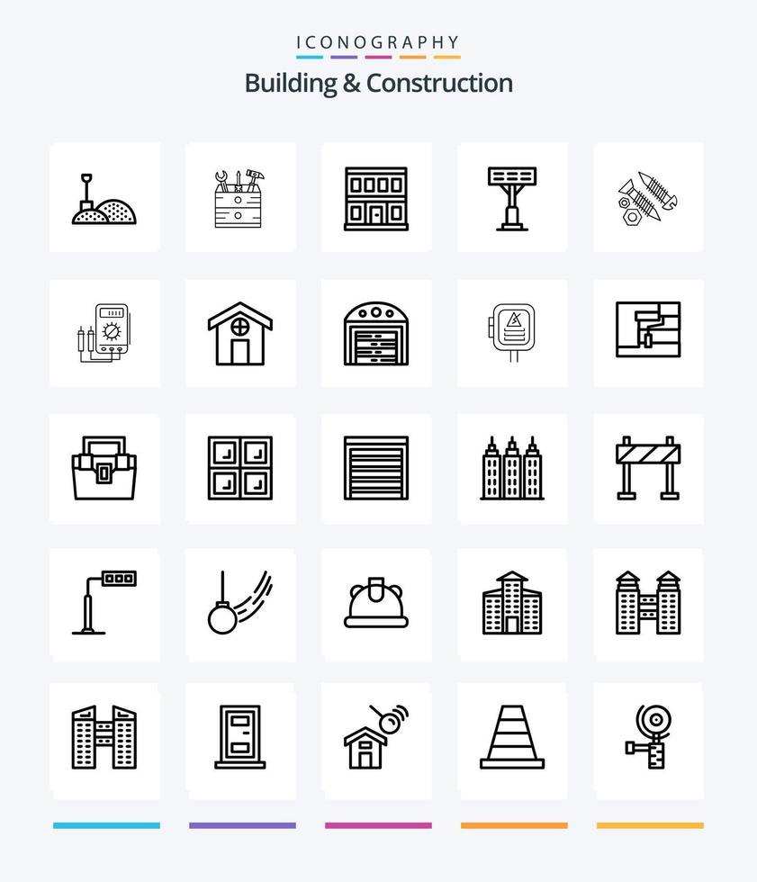 Creative Building And Construction 25 OutLine icon pack  Such As tool. building. door. screws. light vector