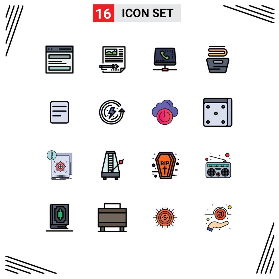 Flat Color Filled Line Pack of 16 Universal Symbols of housekeeping cleaning document computing help Editable Creative Vector Design Elements