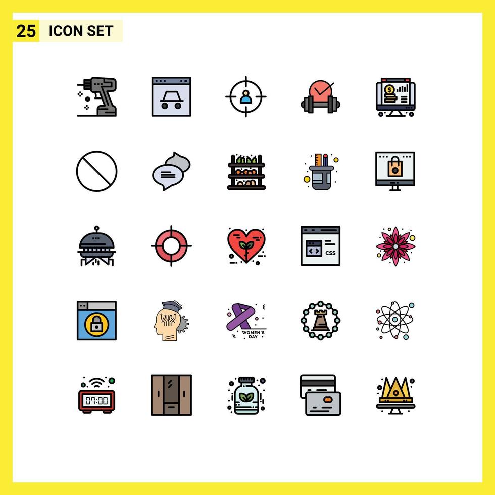 Mobile Interface Filled line Flat Color Set of 25 Pictograms of dollar dumb website healthcare target Editable Vector Design Elements