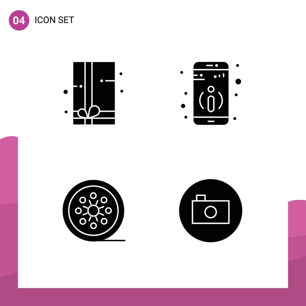 Editable Vector Line Pack of 4 Simple Solid Glyphs of gift pack tape reel detail black film camera Editable Vector Design Elements