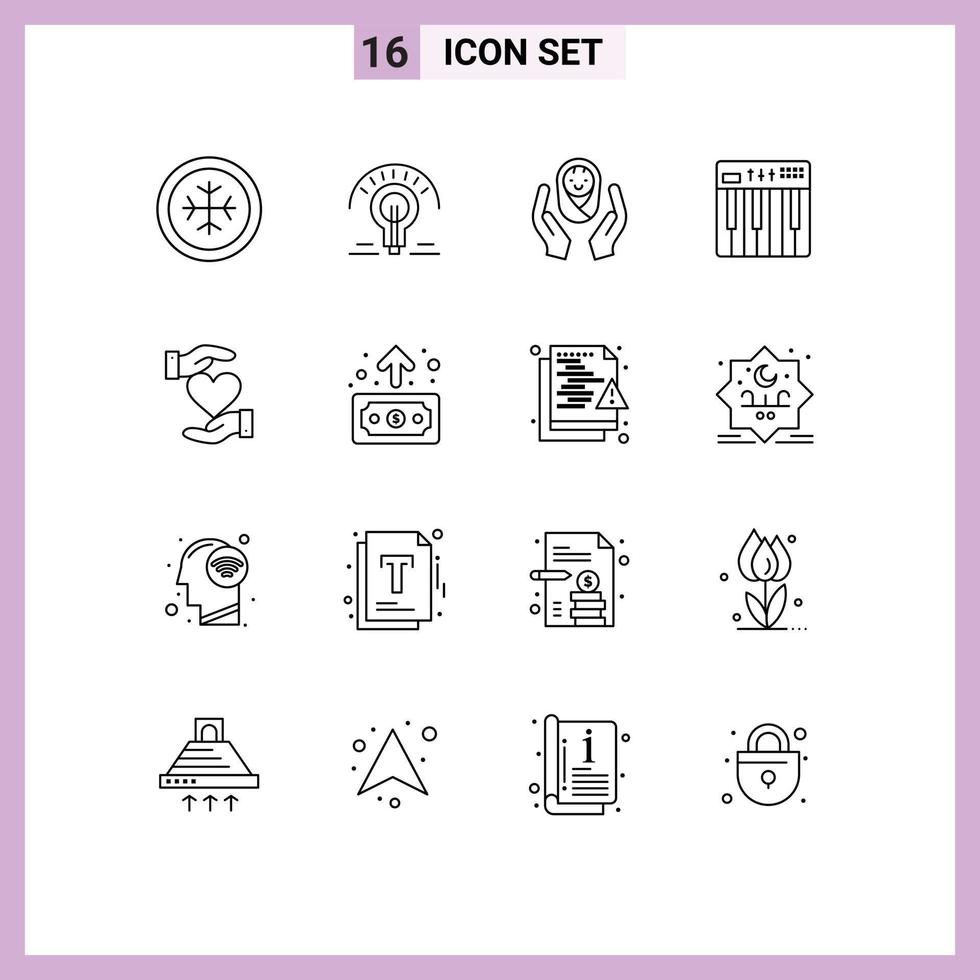 Modern Set of 16 Outlines and symbols such as heart midi baby care keyboard controller Editable Vector Design Elements