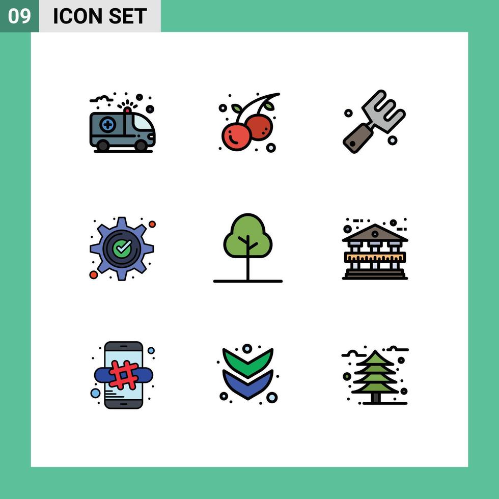 User Interface Pack of 9 Basic Filledline Flat Colors of tree gear agriculture check accept Editable Vector Design Elements