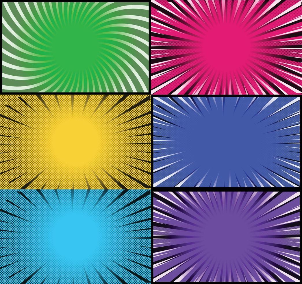 Comic book colorful frames background with halftone rays radial and dotted effects pop art style vector