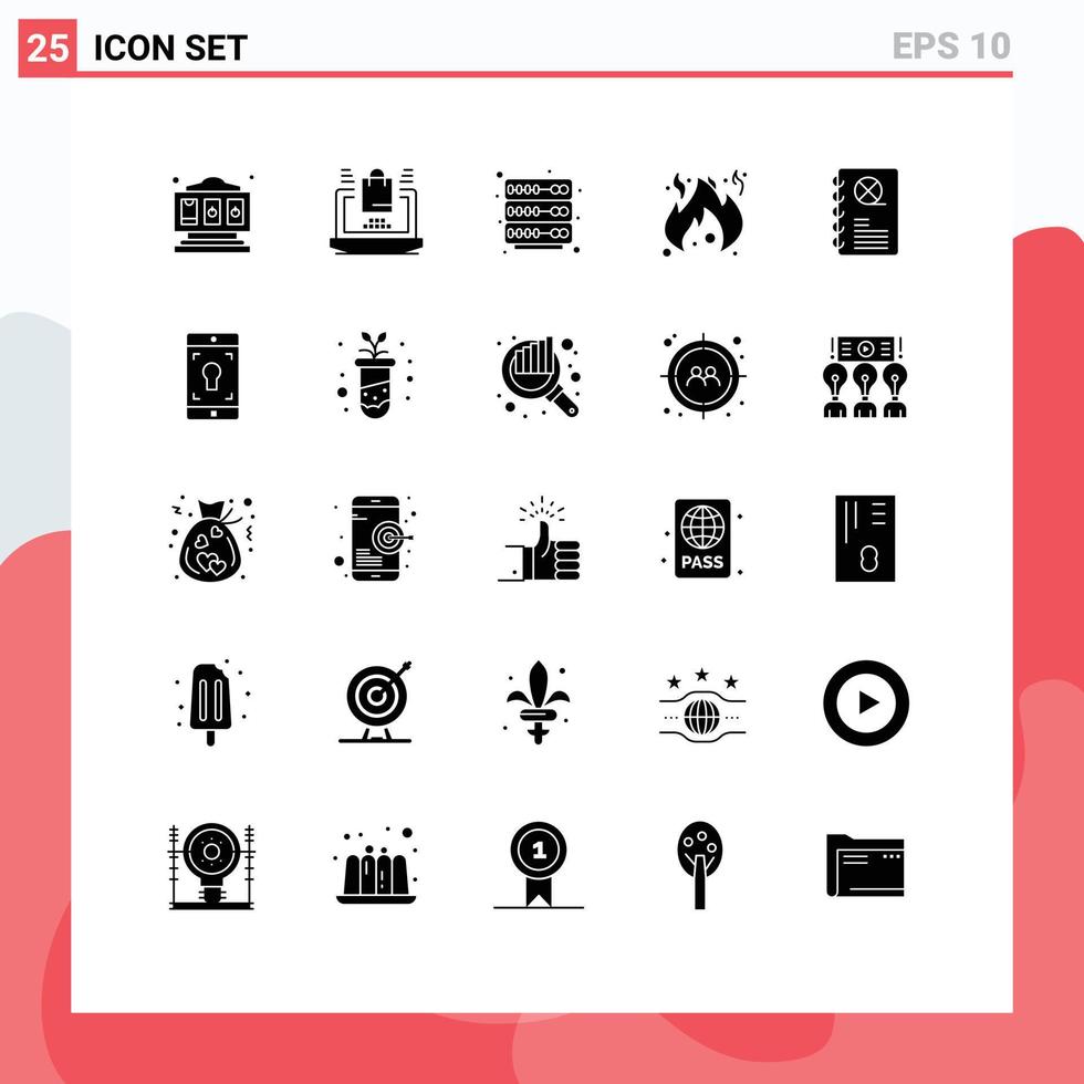 Pictogram Set of 25 Simple Solid Glyphs of application movie rack entertaiment flame Editable Vector Design Elements