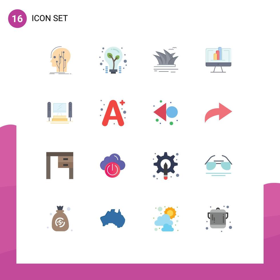 16 User Interface Flat Color Pack of modern Signs and Symbols of graph monitor tips computer opera house Editable Pack of Creative Vector Design Elements
