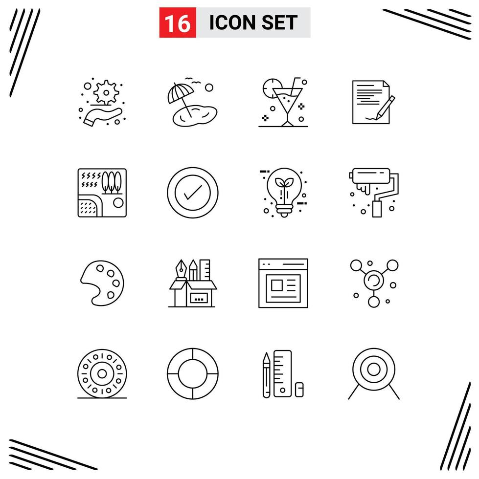Modern Set of 16 Outlines Pictograph of forest note beverage document agreement Editable Vector Design Elements