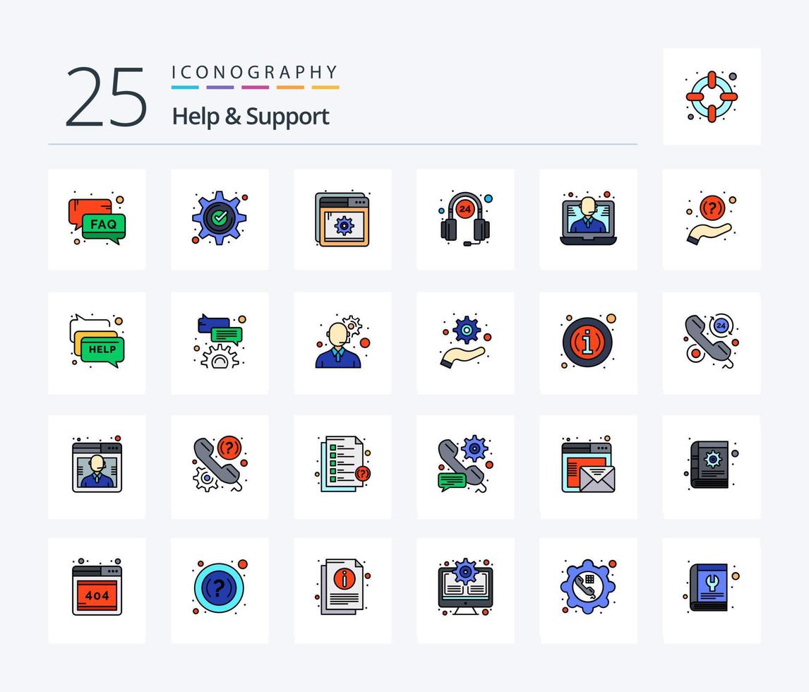 Help And Support 25 Line Filled icon pack including hours. customer. gear. setting. optimization vector