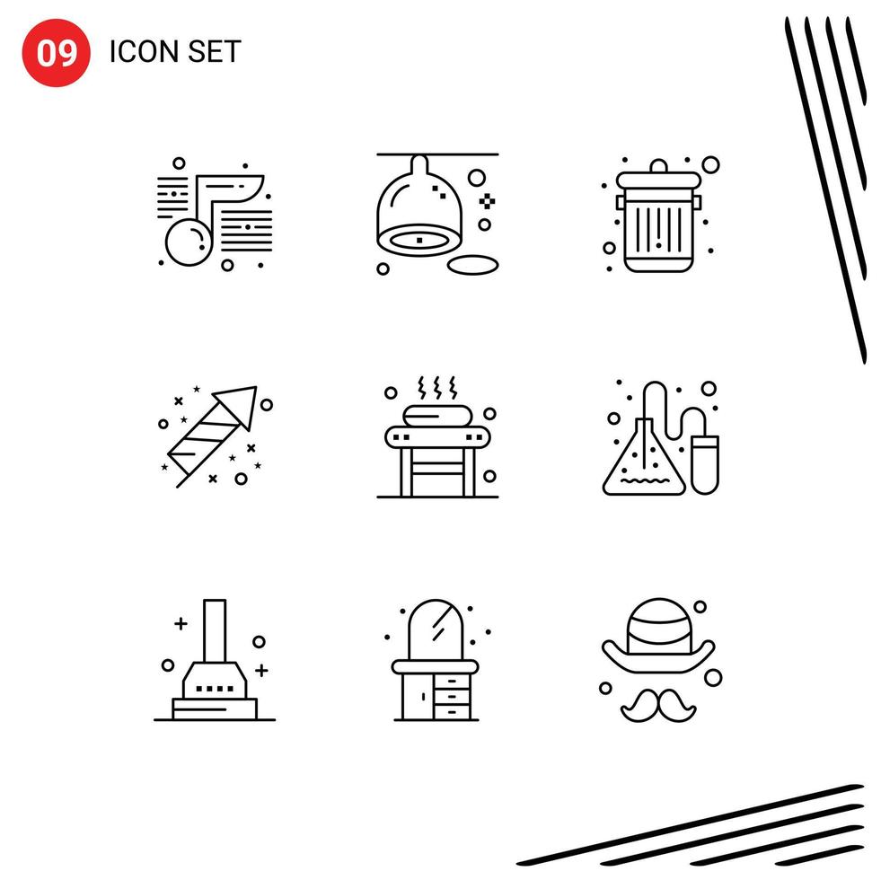 Stock Vector Icon Pack of 9 Line Signs and Symbols for relaxation bed delete holiday festivity Editable Vector Design Elements