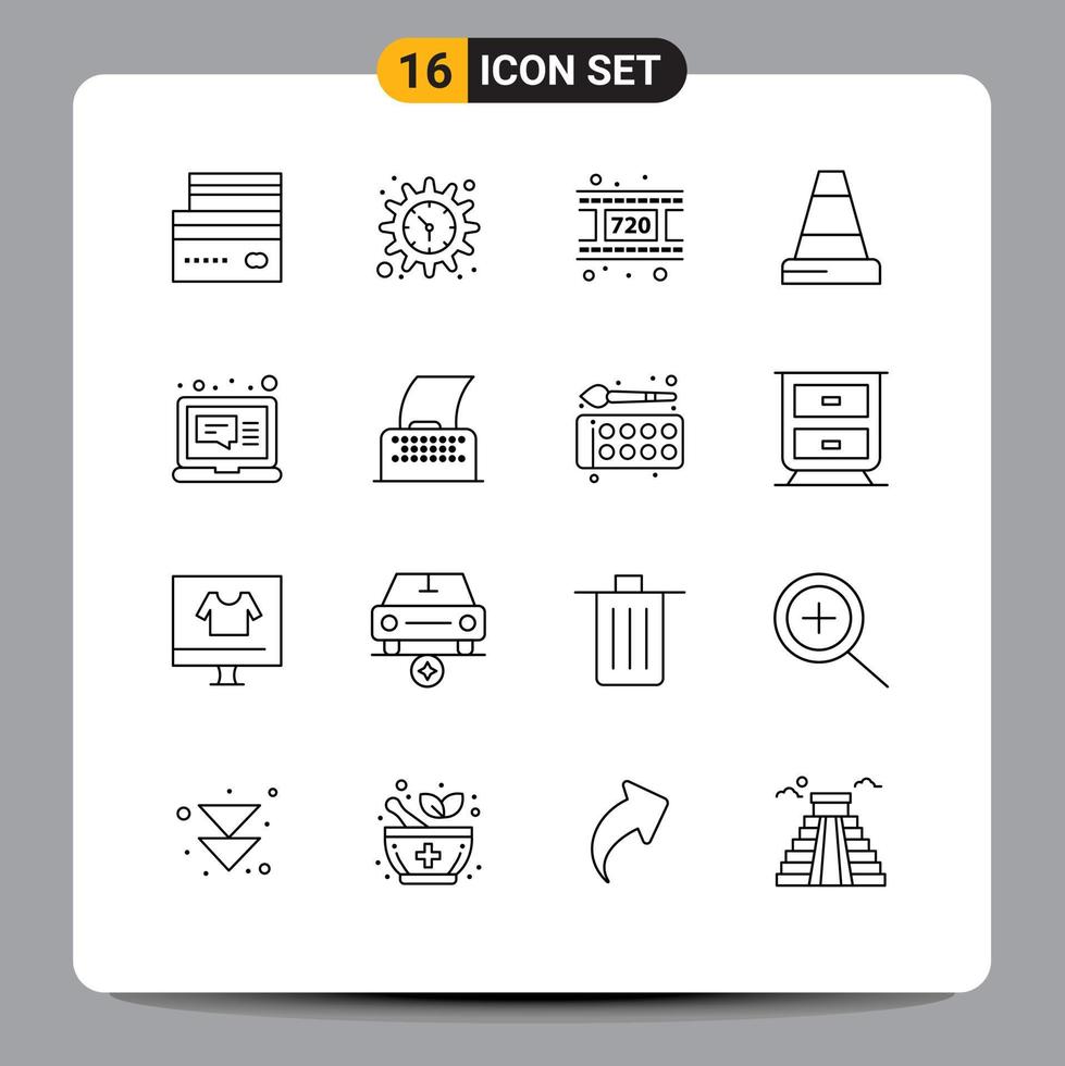 Mobile Interface Outline Set of 16 Pictograms of laptop email watch traffic cone Editable Vector Design Elements