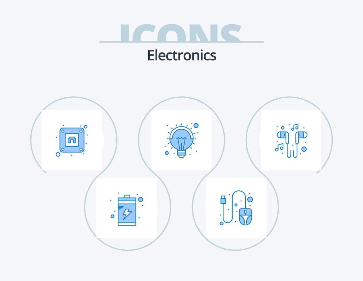 paquete de iconos azul de electrónica 5 diseño de iconos. canción. música. enchufar. auriculares. lámpara vector