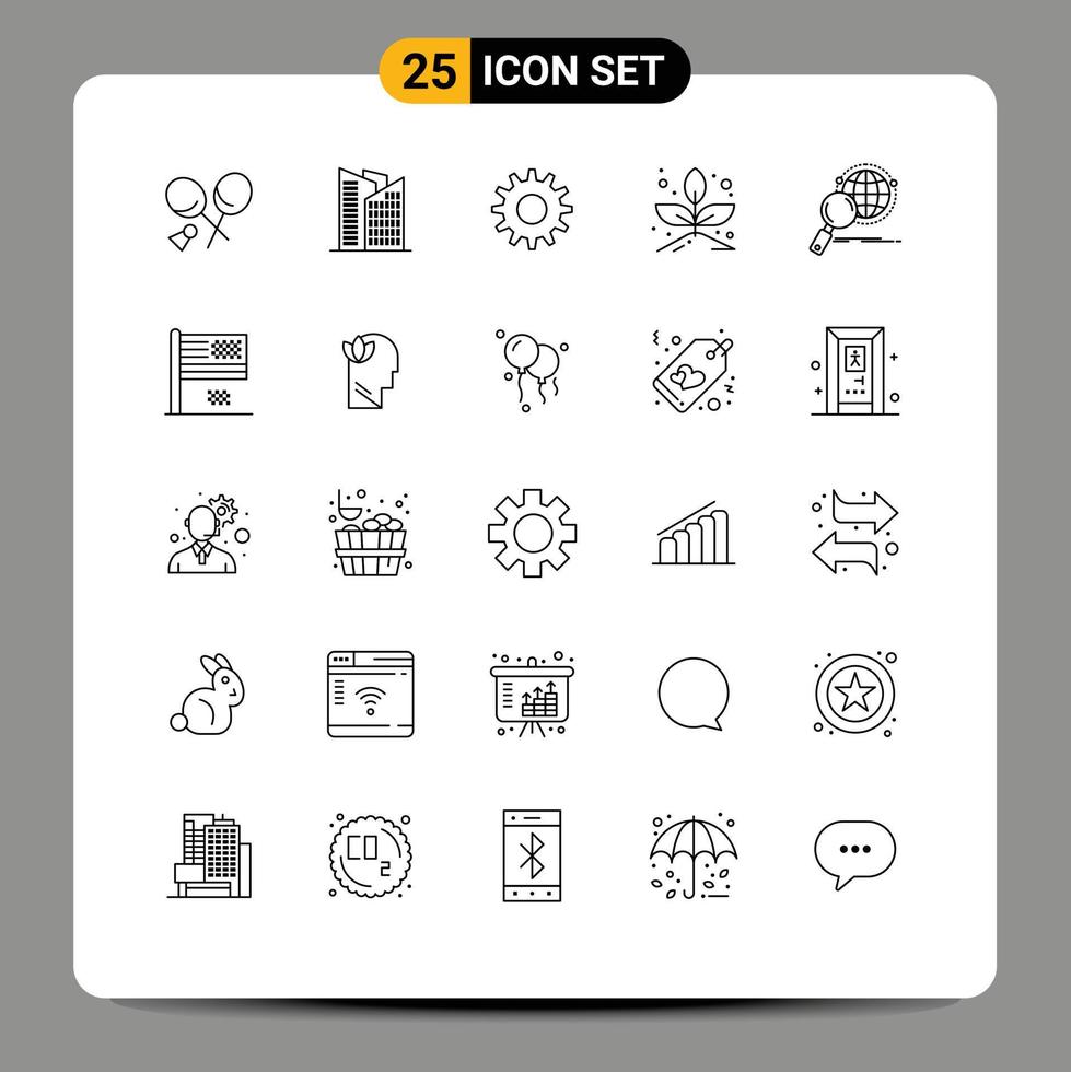 paquete de 25 signos y símbolos de líneas modernas para medios de impresión web, como elementos de diseño de vectores editables de brotes de globo de engranajes de lupa mundial