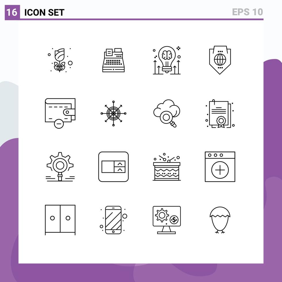 Group of 16 Modern Outlines Set for shield protection brain world arrow Editable Vector Design Elements